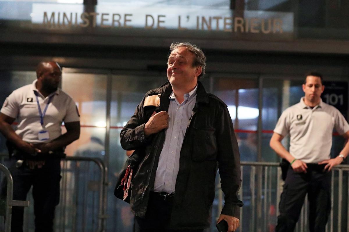 Former head of European football association UEFA Michel Platini leaves a judicial police station where he was detained for questioning over the awarding of the 2022 World Cup soccer tournament, in Nanterre, France June 19, 2019. REUTERS/Gonzalo Fuentes     TPX IMAGES OF THE DAY