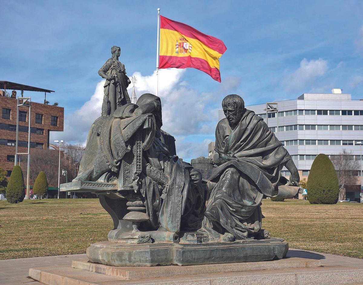 Conjunto escultórico en Córdoba que representa a Séneca instruyendo al emperador romano Nerón, obra del artista zamorano Eduardo Barrón.