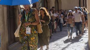 Turistas siguen a una guía por el centro de Palma de Mallorca.
