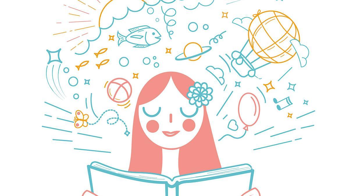 Ilustración de una chica leyendo un libro