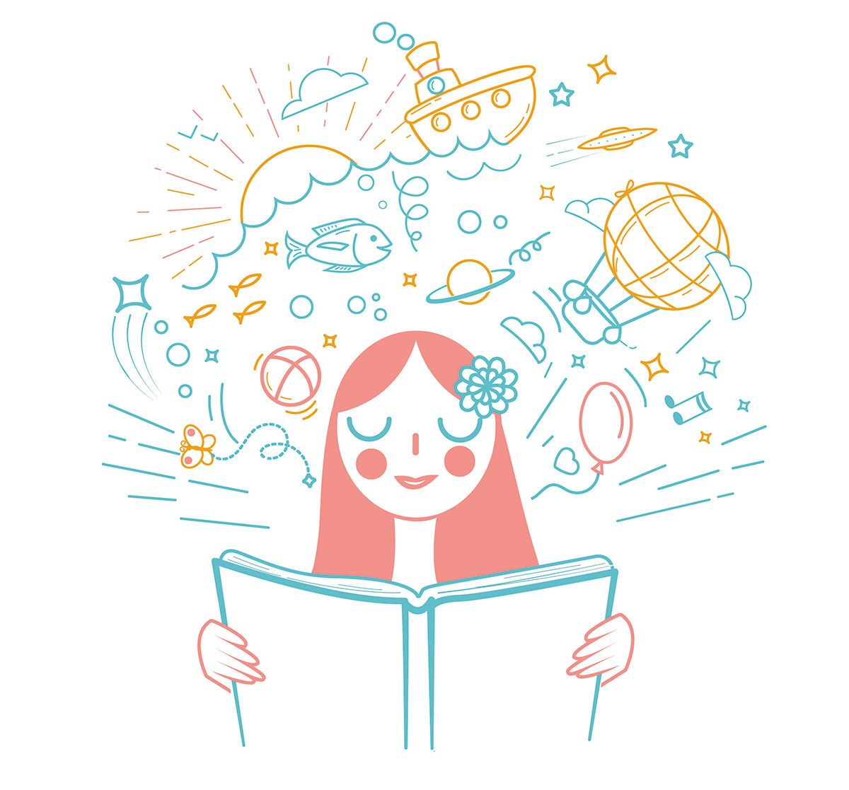 Ilustración de una chica leyendo un libro