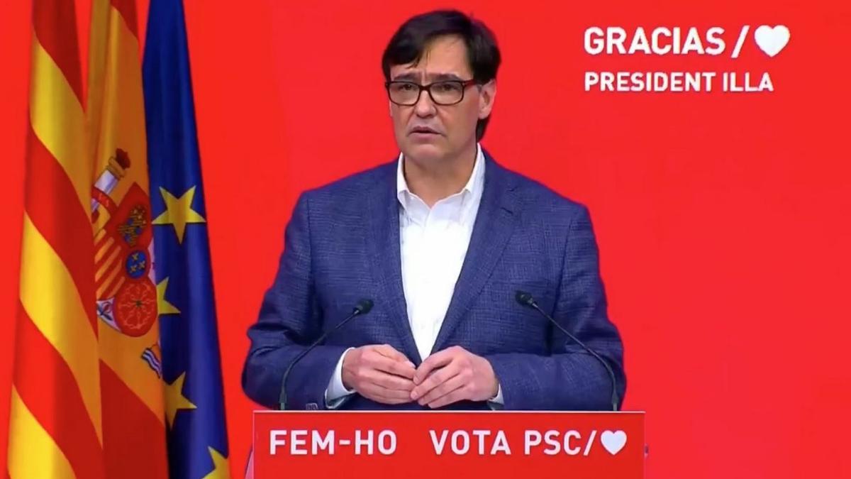 El candidato socialista Salvador Illa, ganador de las elecciones catalanas con más del 98% de votos escrutados, valorando los resultados de este domingo