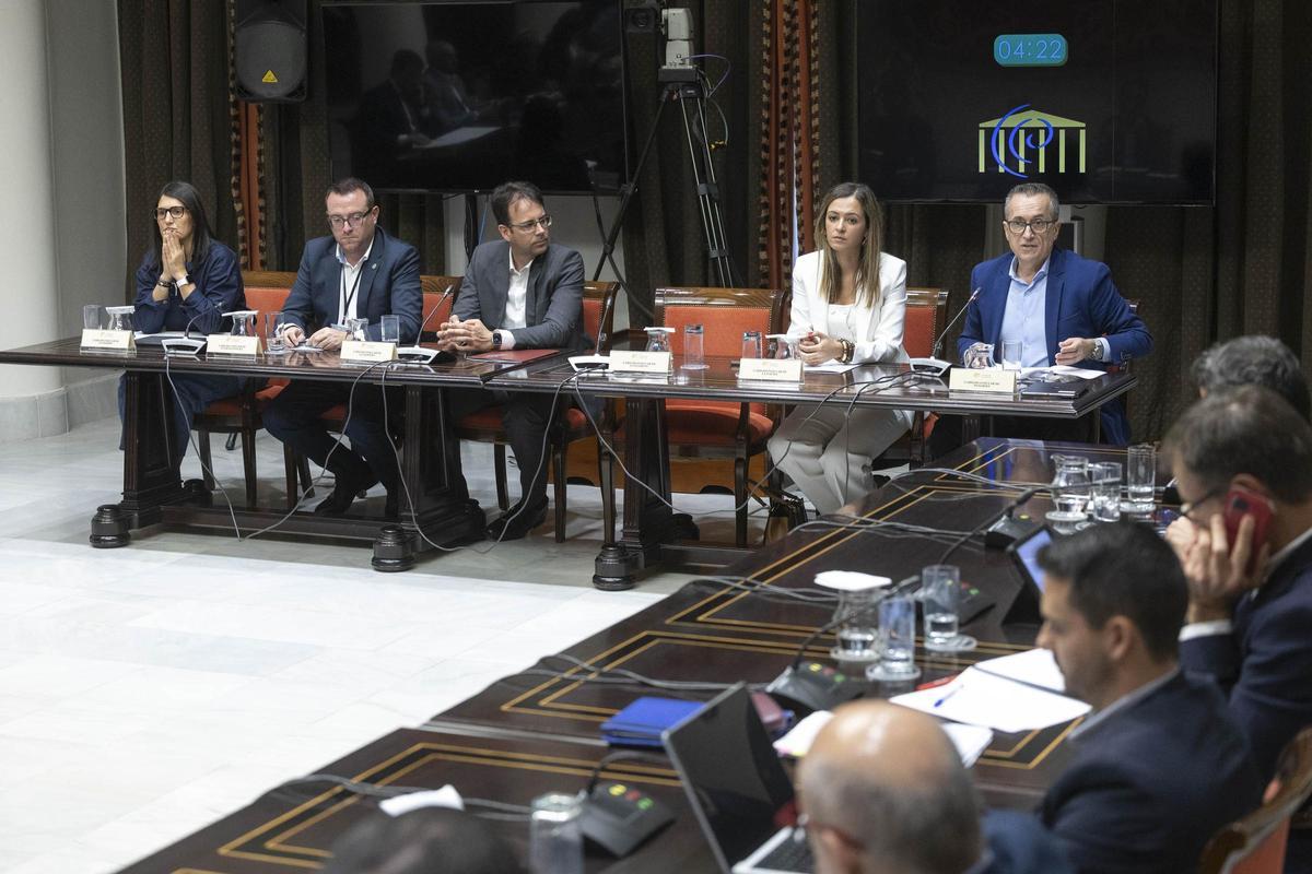 Ana González (i), Adargoma Hernández, Adasat Reyes, Miriam Perestelo y José Miguel Ruano (d) en la Comisión de Cabildos