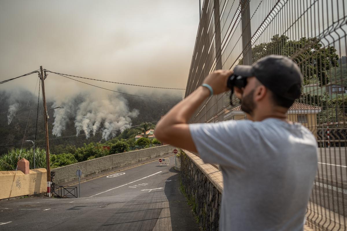 Un vecino observa con los prismáticos las columnas de humo en Aguamansa, La Orotava.