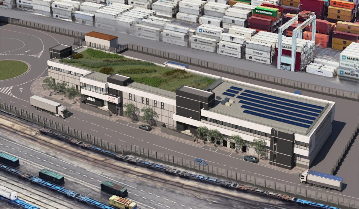 Vista aérea del futuro Puesto de Control Fronterizo en la terminal de contenedores de Vigo.