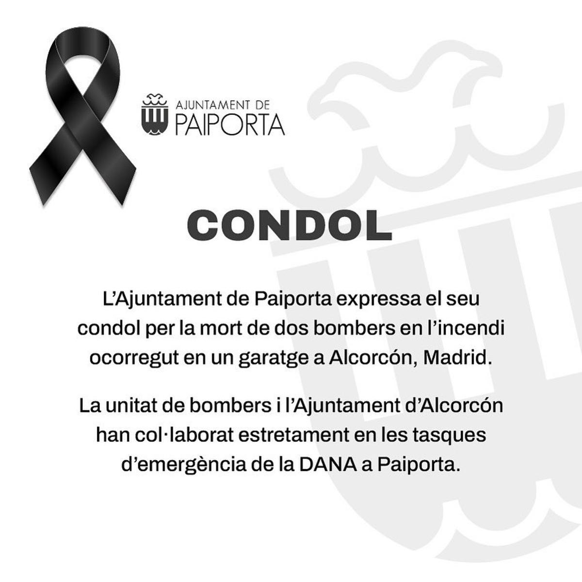 Nota de condolencias del Ayuntamiento de Paiporta.