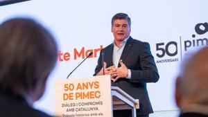 barcelona 21/12/2024 Economía.  Pimec celebra un gran acto de cierre del 50o aniversario de la entidad con los presidentes de la Generalitat de Catalunya. Carles Puigdemont se dirige al auditorio. AUTOR: JORDI OTIX