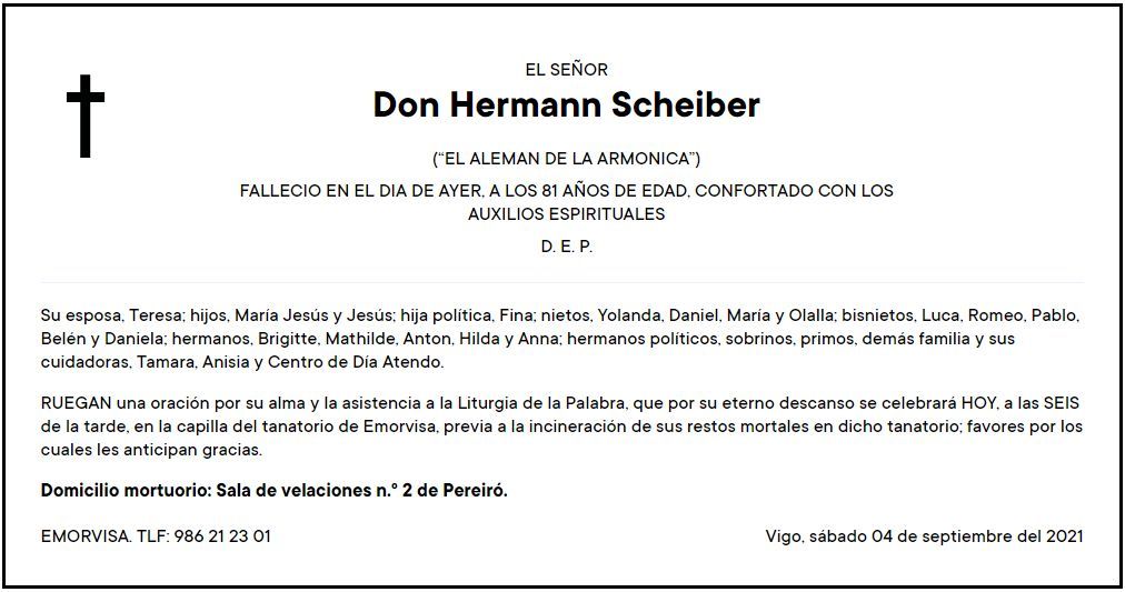 Esquela de Hermann Scheiber, &quot;el alemán de la armónica&quot;