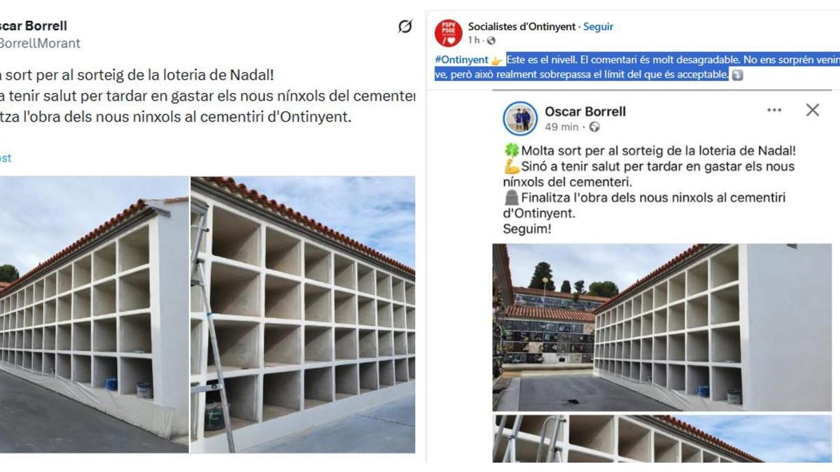 A la izquierda, el mensaje inicial de Óscar Borrell. A la derecha, la publicación en la que el PSPV critica el contenido del mismo.