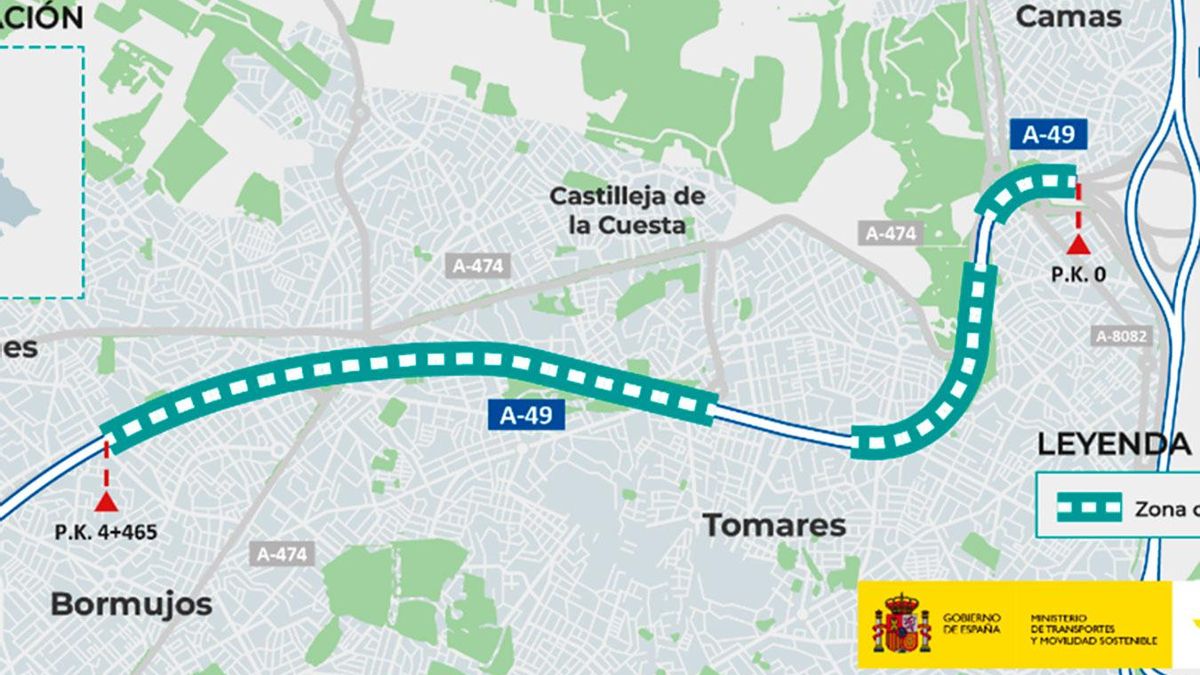 Mapa con el tramo de la A-49 donde se actuará contra el ruido.