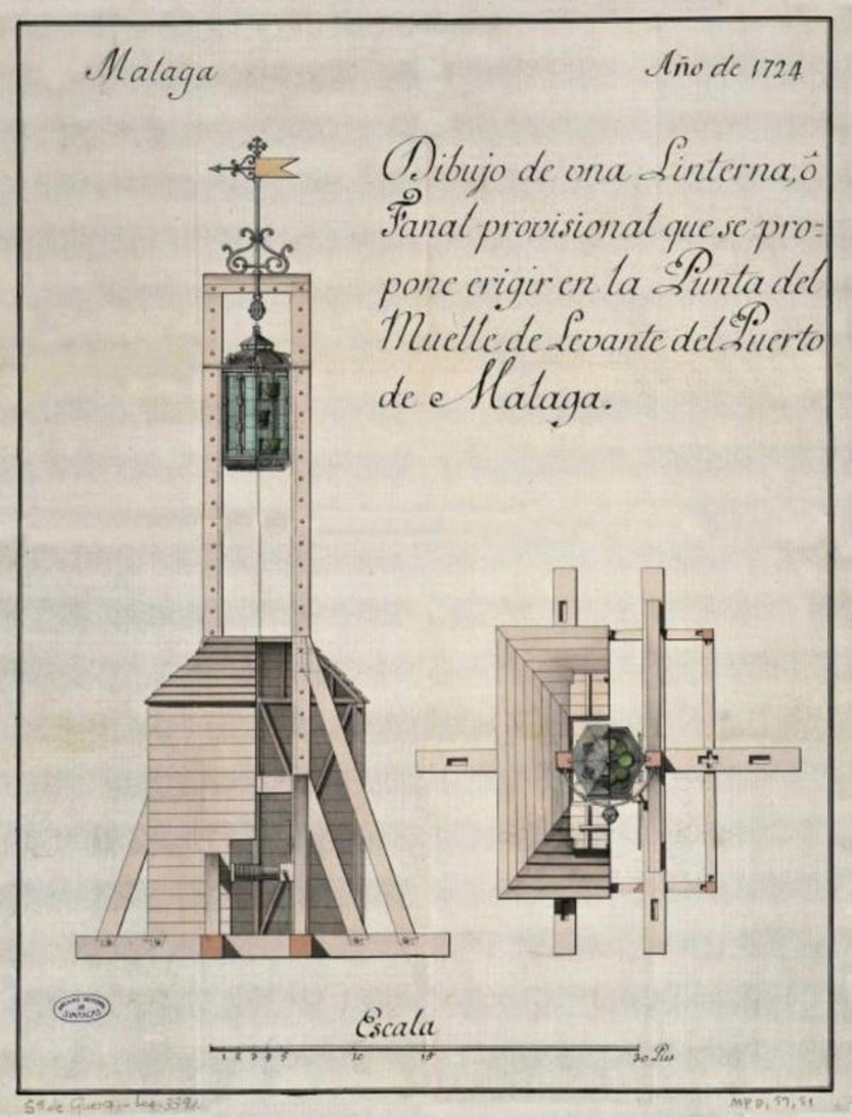 El faro temporal del Puerto de Málaga, diseñado en 1724.