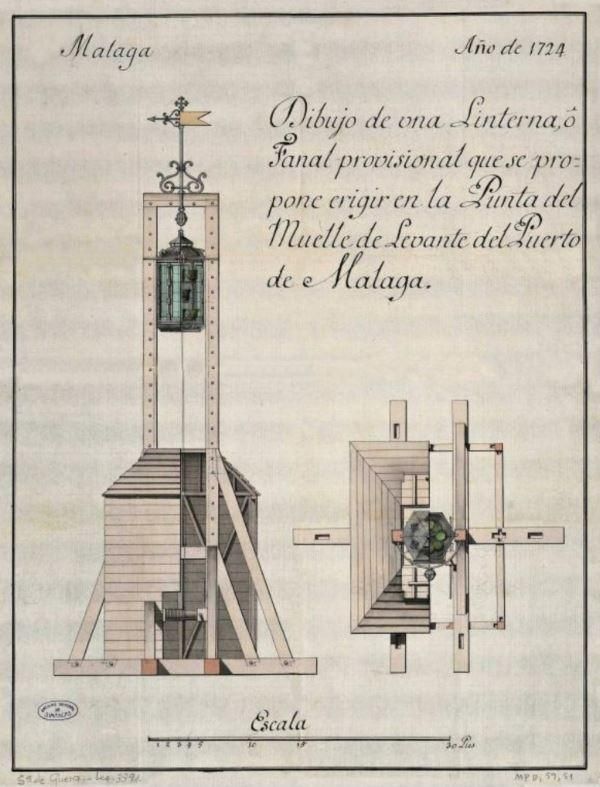 El faro temporal del Puerto de Málaga, diseñado en 1724.