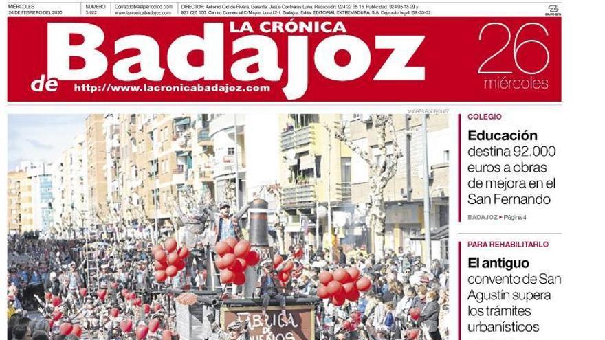 Esta es la portada de LA CRÓNICA DE BADAJOZ correspondiente al día 26 de febrero del 2020