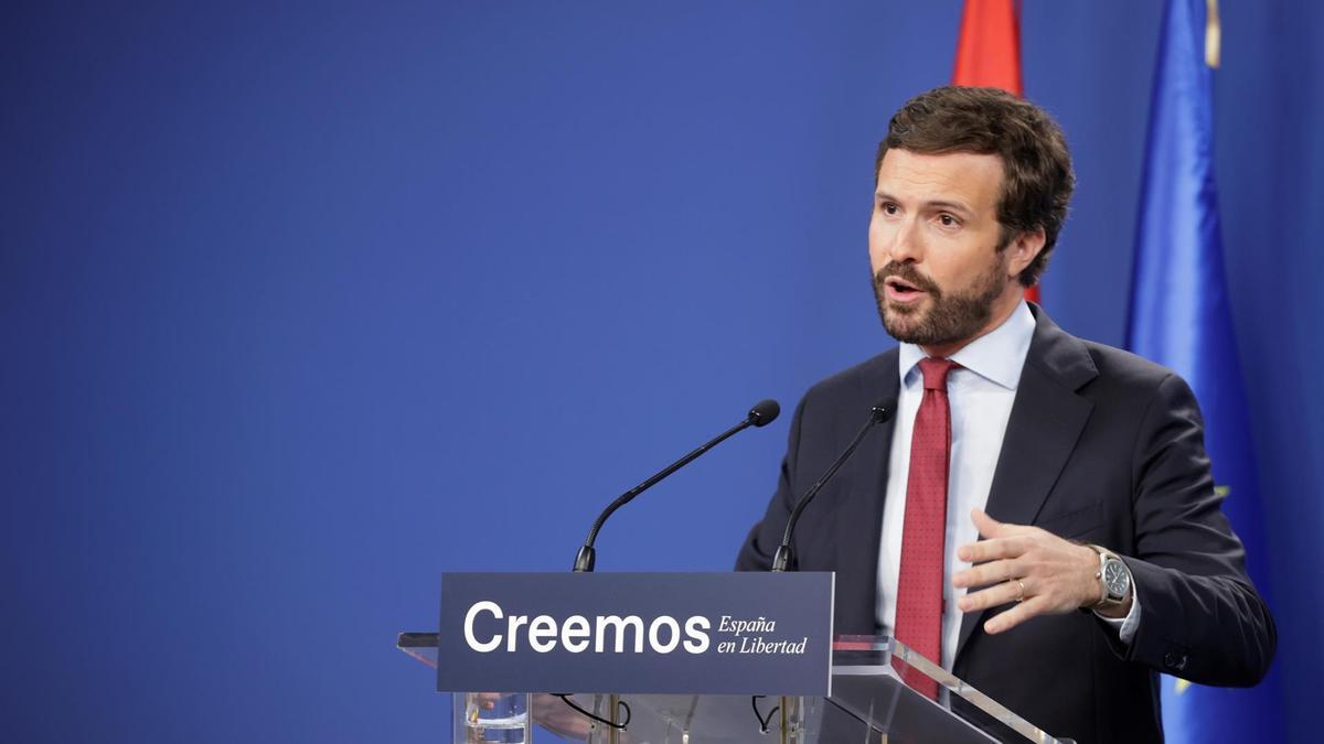 Pablo Casado, durante su rueda de prensa.