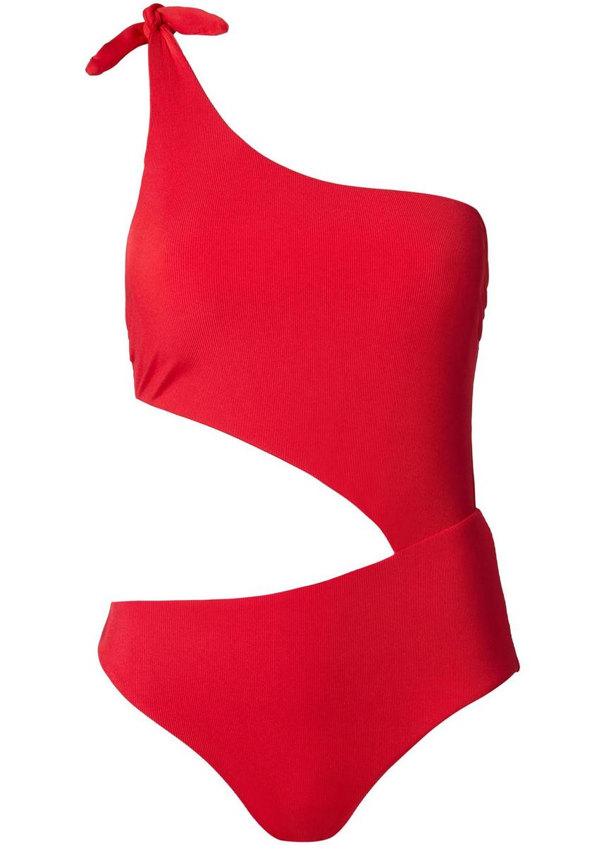 Bañador rojo de escote asimétrico, de Calzedonia