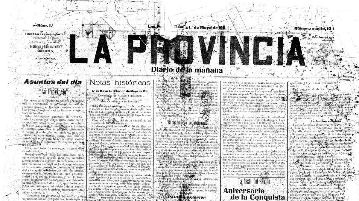 PORTADA CORRESPONDIENTE AL PRIMER EJEMPLAR DEL PERIÓDICO ‘LA PROVINCIA’, QUE SE PUBLICÓ EL DÍA UNO DE MAYO DE 1911.