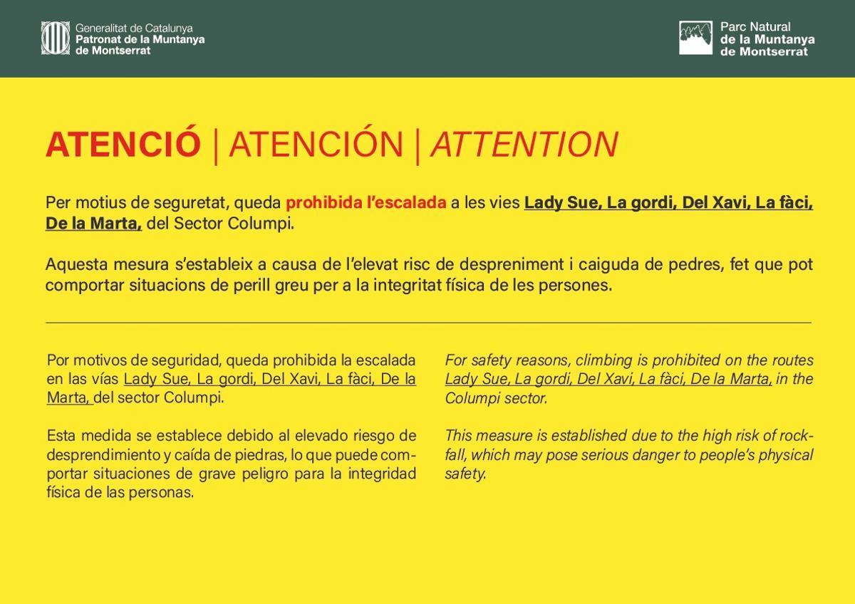 Cartell de seguretat que s'està instal·lant per prohibir l'accés a les vies perilloses del sector del Columpi
