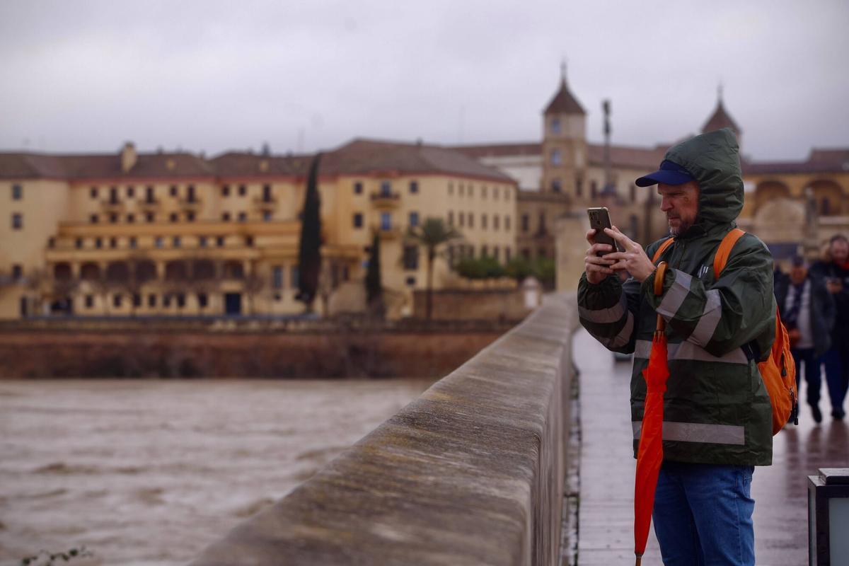 Temporal borrasca Leonardo. Río Guadalquivir a su paso por Córdoba, Viento, subida del Río, Calahorra, Puente Romano, Mezquita, Molinos, sotos de la albolafia