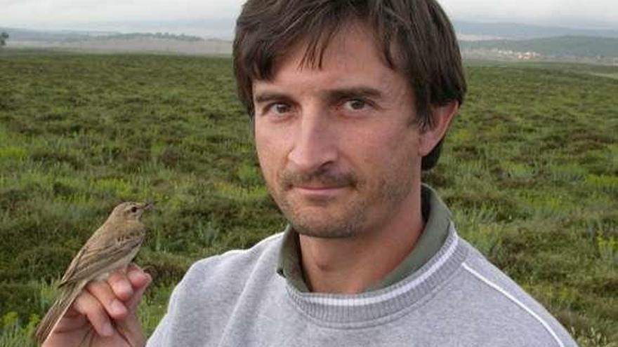 El investigador Juan Carlos Illera, con uno de los pájaros.