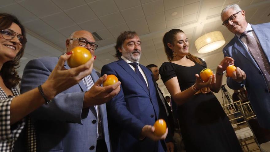 Cirilo Arnandis entrega un caqui a la consellera de Agricultura, Mireia Mollà, ayer en l&#039;Alcúdia.