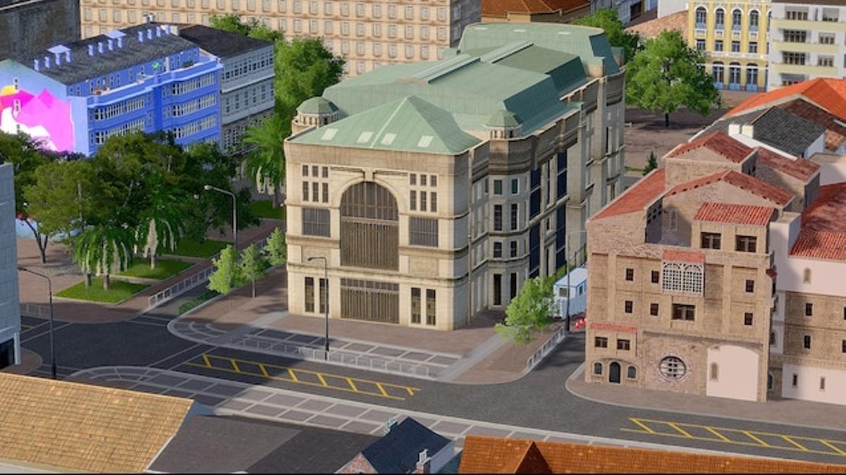 Vista trasera del Teatro García Barbón en el Cities Skylines