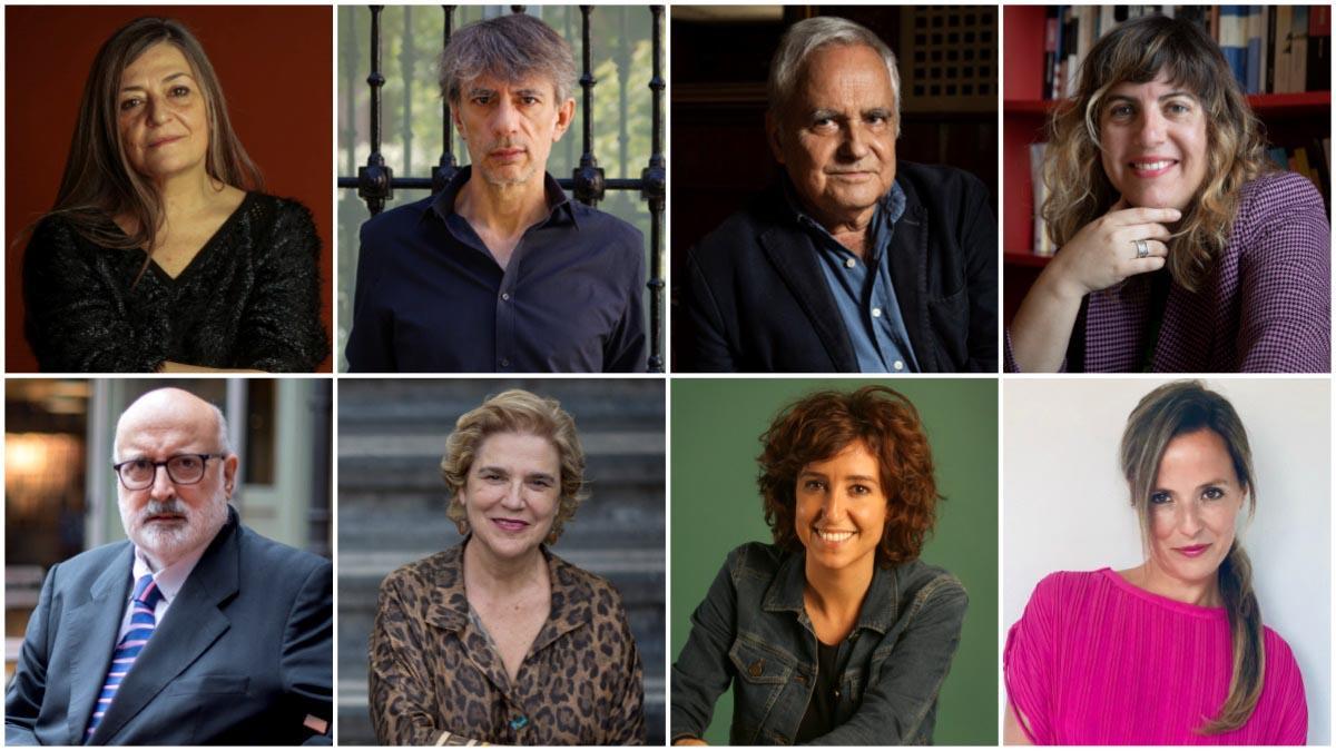 Arriba: Olga Merino, Juan Tallón, Juan Cruz y Laura Fernández; debajo: Valentí Puig, Pilar Rahola, Agnès Marqués y Patrycia Centeno