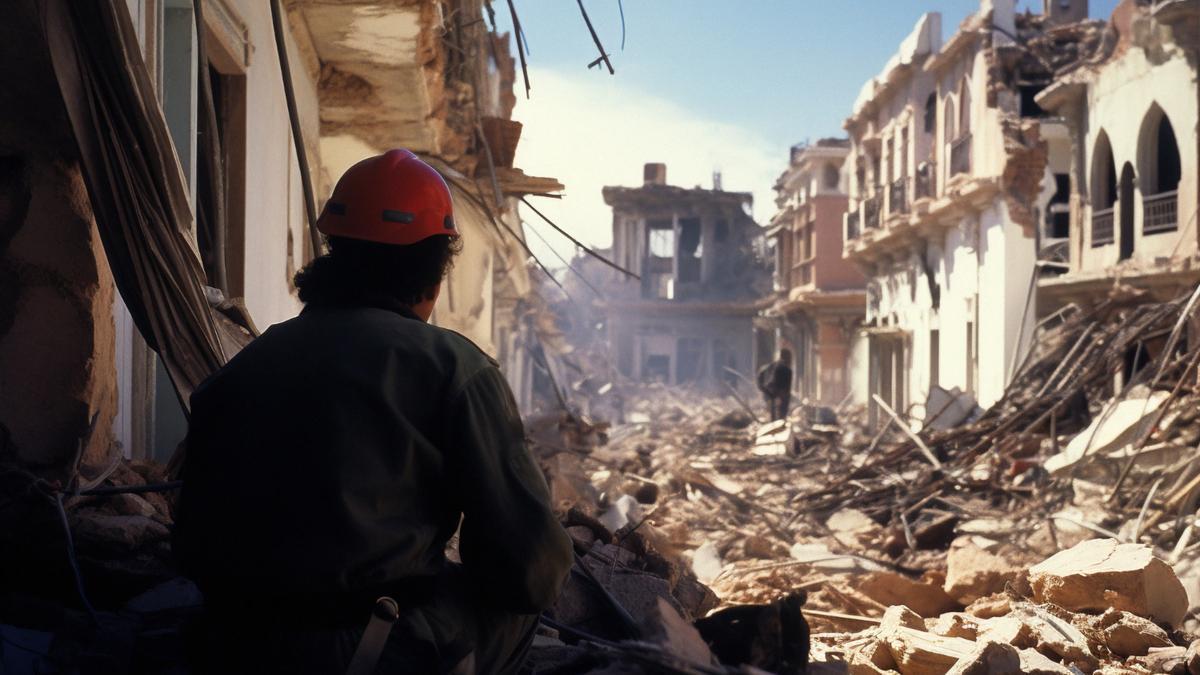 Constructor en la calle de la ciudad de Marrakech después del terremoto