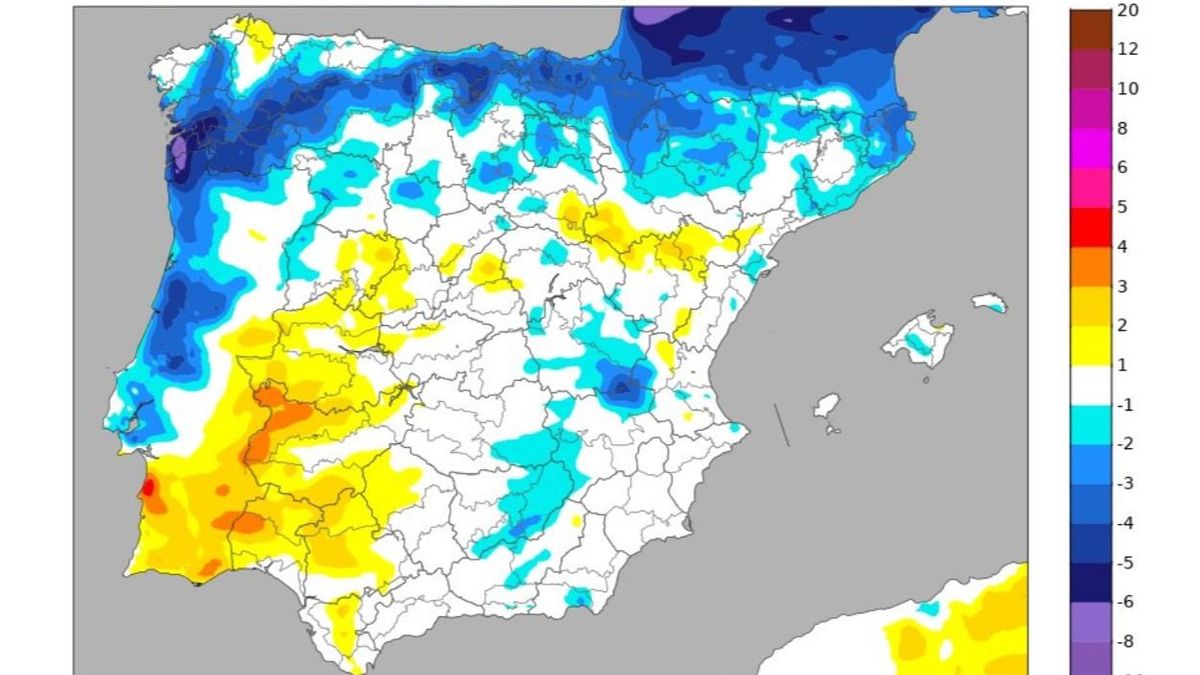 Mapa con las diferencias térmicas del sábado al domingo, difundido por la Aemet.