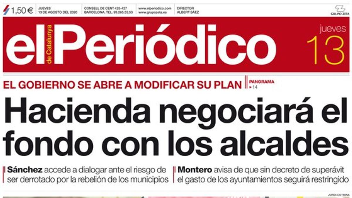 La portada de EL PERIÓDICO del 13 de agosto del 2020