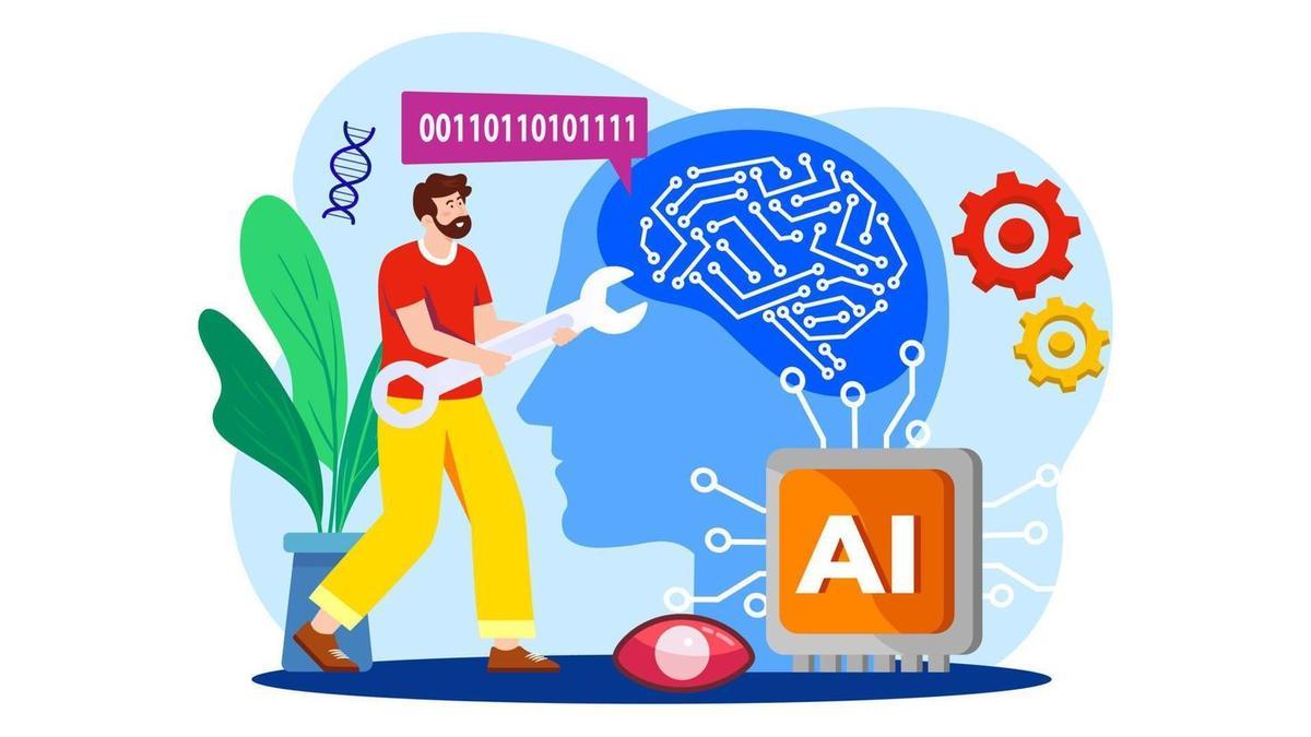 Ilustración que muestra a un ingeniero interactuando con un cerebro digital, simbolizando la fusión entre la mente humana y la inteligencia artificial.