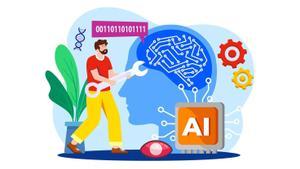 Ilustración que muestra a un ingeniero interactuando con un cerebro digital, simbolizando la fusión entre la mente humana y la inteligencia artificial.