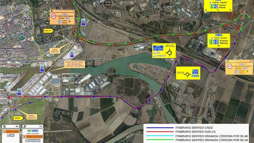 Corte del tráfico en la SE-30 por las obras del Puente del Centenario