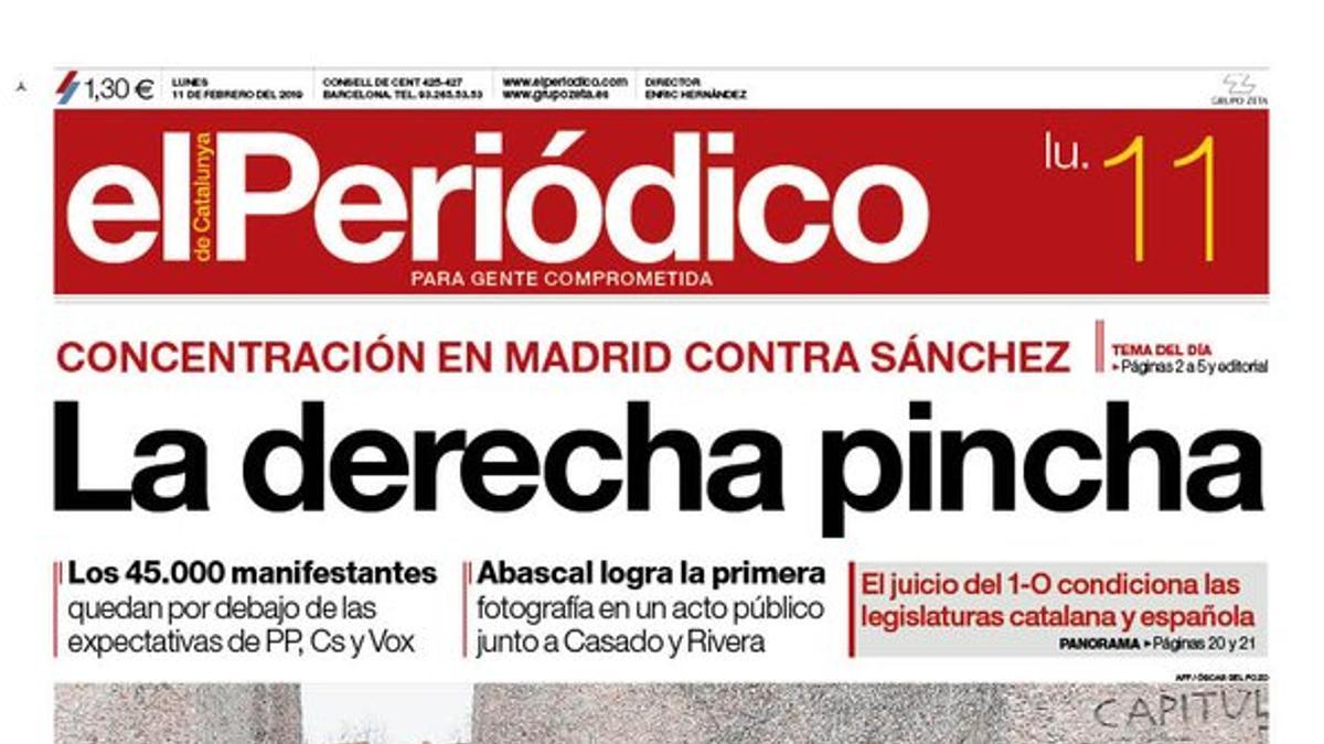 La portada de EL PERIÓDICO del 11 de febrero del 2019