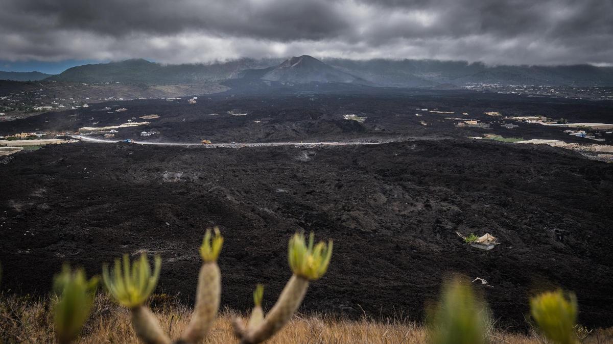 Panorámica de las coladas de lava y la carretera desde la montaña de La Laguna