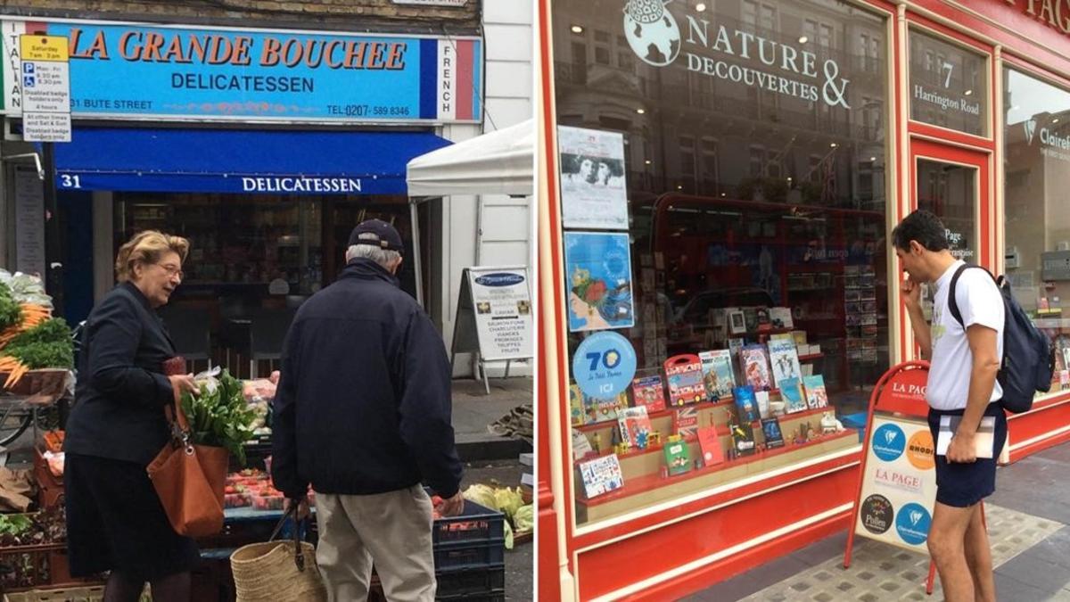 Un colmado de productos franceses e italianos (izquierda) y una librería francesa en Londres.