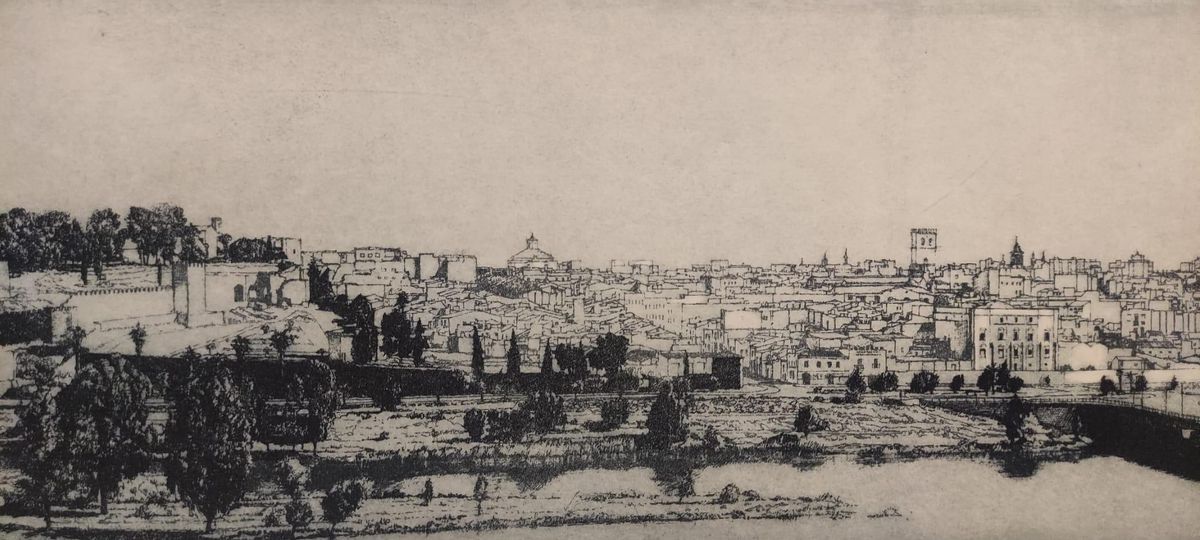 Uno de sus aguafuertes, de la ciudad de Badajoz.