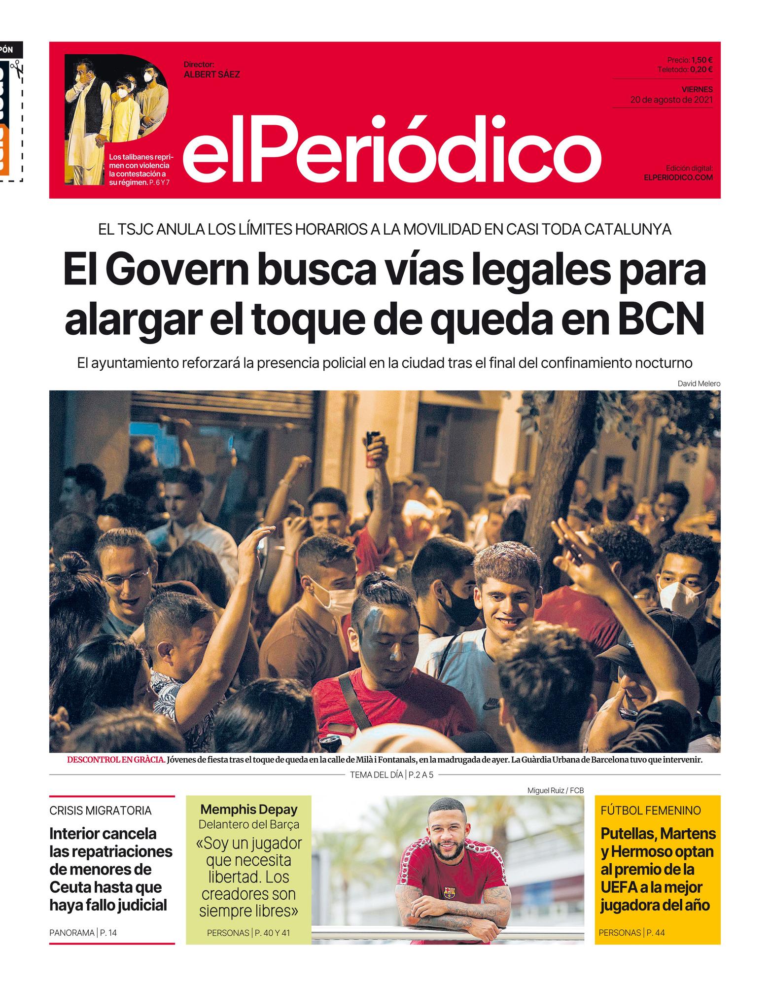 La portada de EL PERIÓDICO del 20 de agosto del 2021.