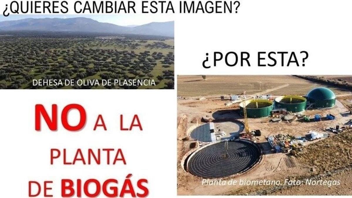 Montaje de vecinos de Oliva de Plasencia contra la planta de biometano.