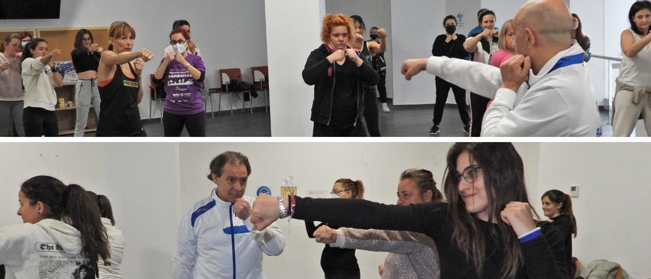 Las participantes en el taller de autodefensa, siguiendo las indicaciones del instructor.