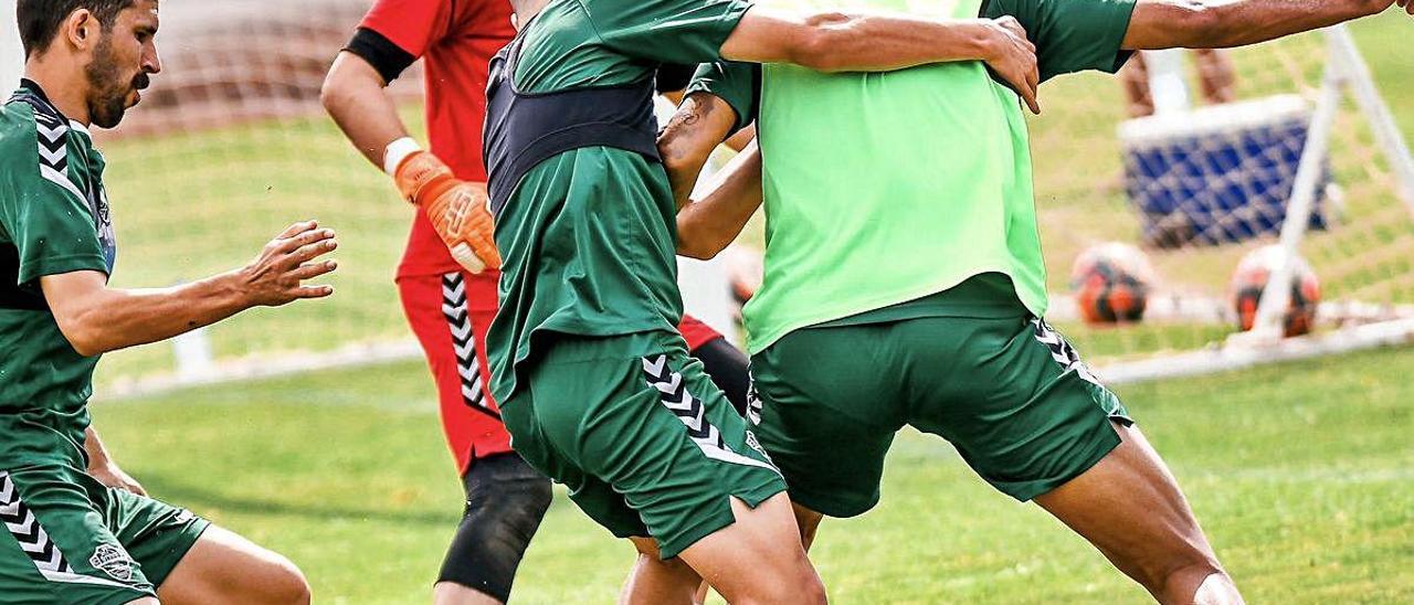 Los jugadores del Elche, durante el entrenamiento de ayer en el polideportivo de Altabix.