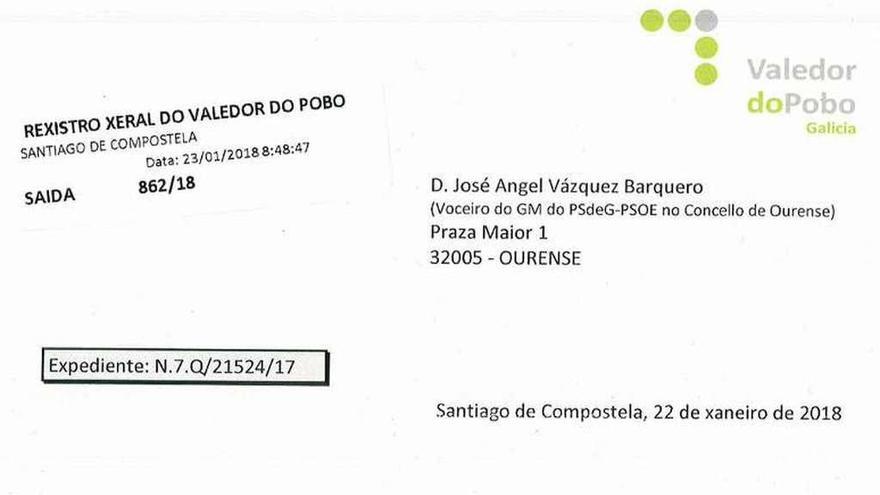 Carta enviada por la Valedora al portavoz del PSOE. // FdV