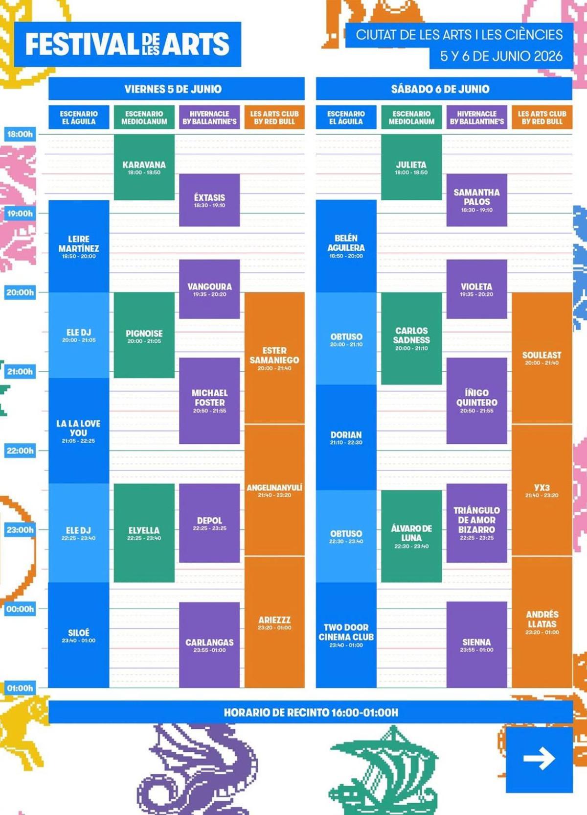 Horarios del Festival de Les Arts 2026.