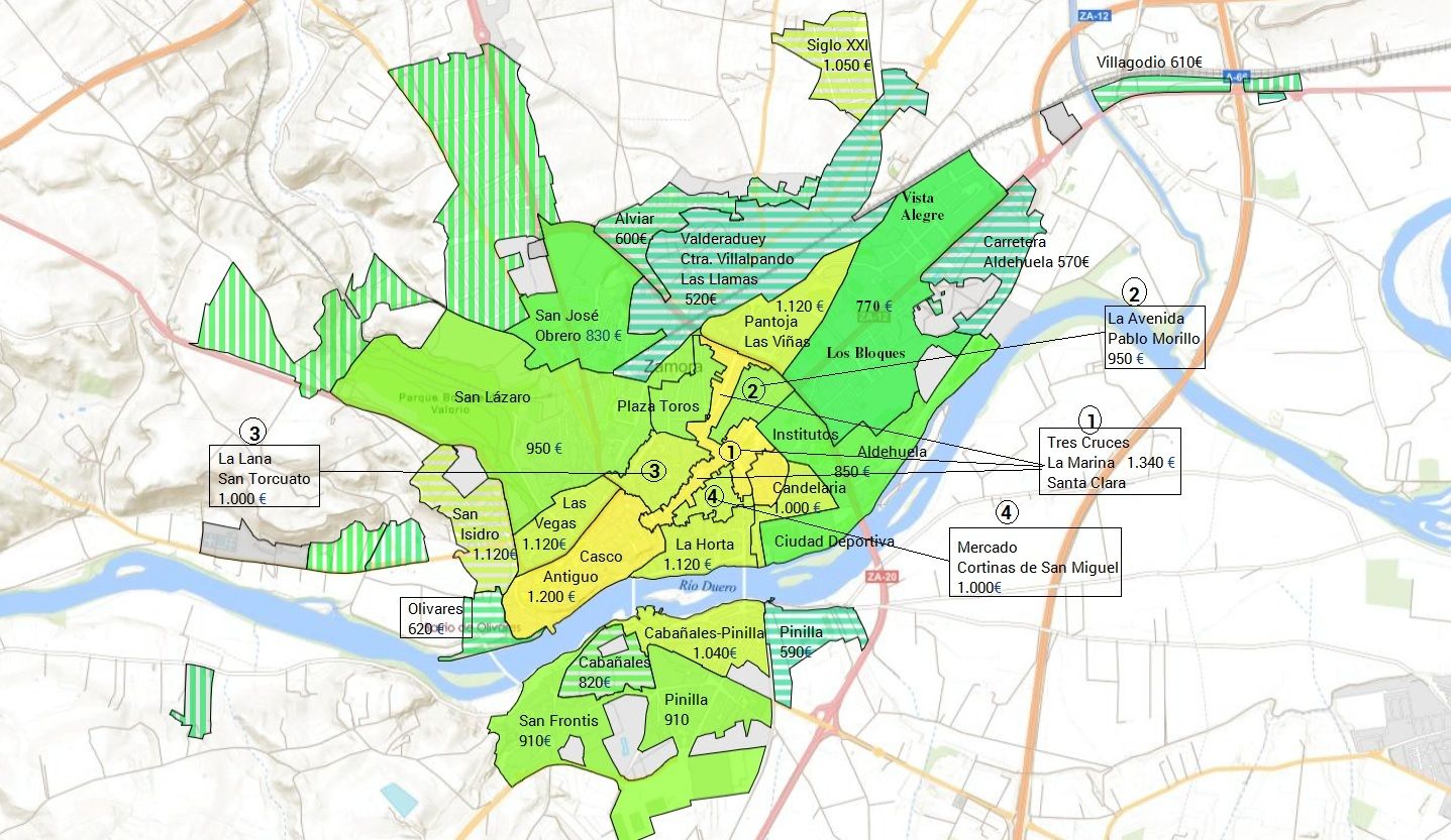 Mapa de valoración inmobiliaria de Zamora capital. Precios en euros por metro cuadrado