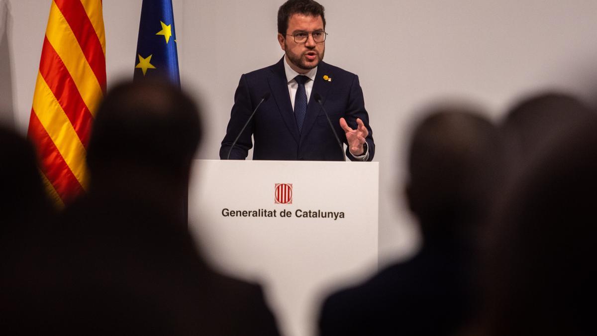 El presidente de la Generalitat, Pere Aragonès, interviene en un acto para conmemorar el Día de Europa.