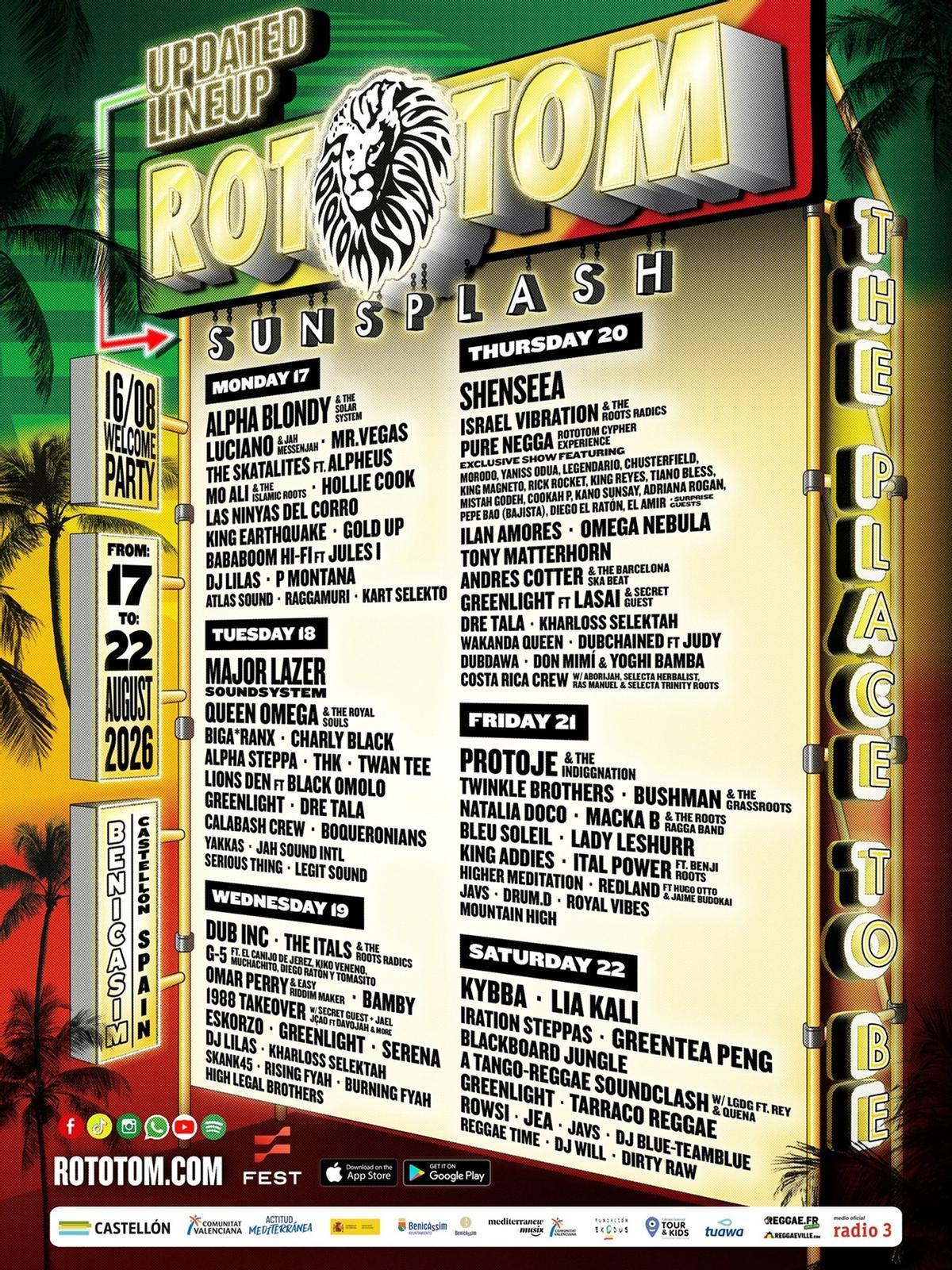 Cartel del festival Rototom Sunsplash 2026.