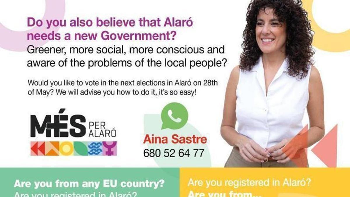 Die Més-Kandidatin von Alaró wirbt unter anderem auf Englisch für sich.