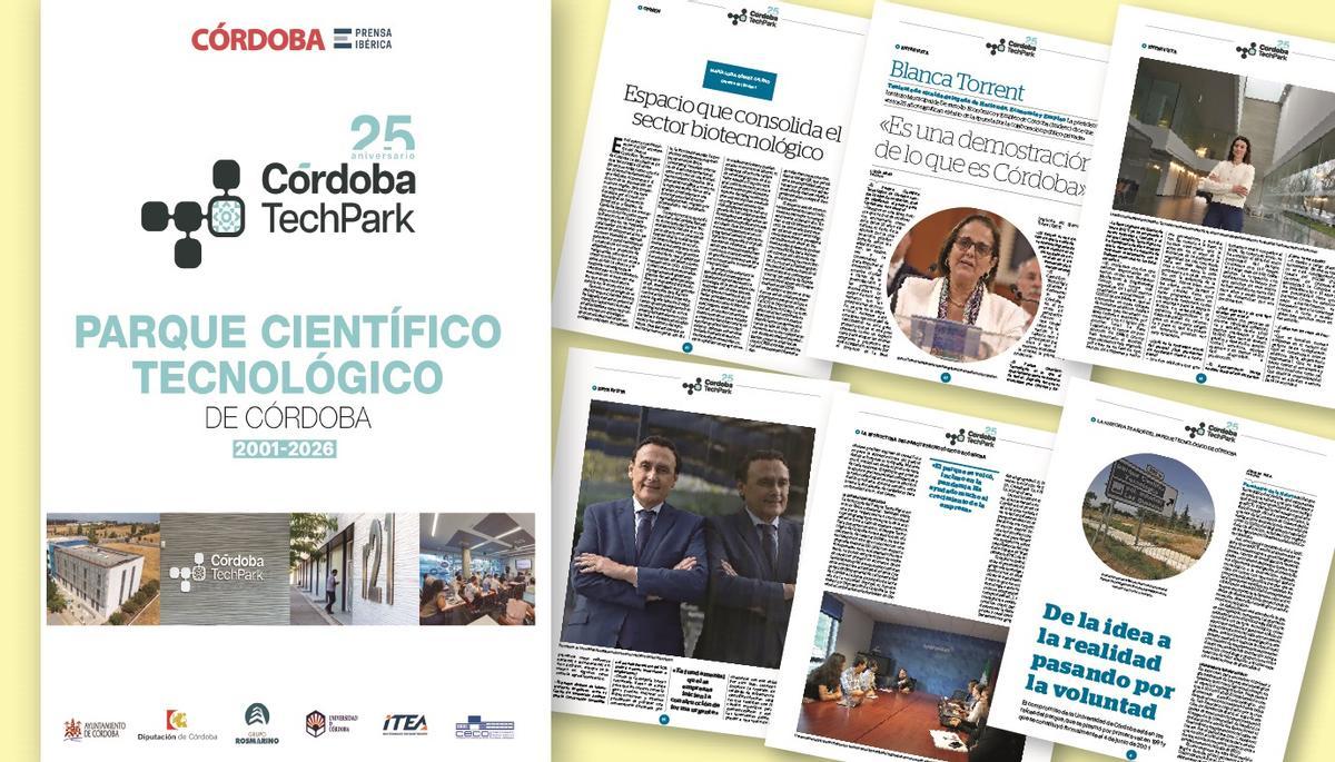 Portada y páginas interiores del libro conmemorativo del 25 aniversario del Parque Científico Tecnológico de Córdoba.