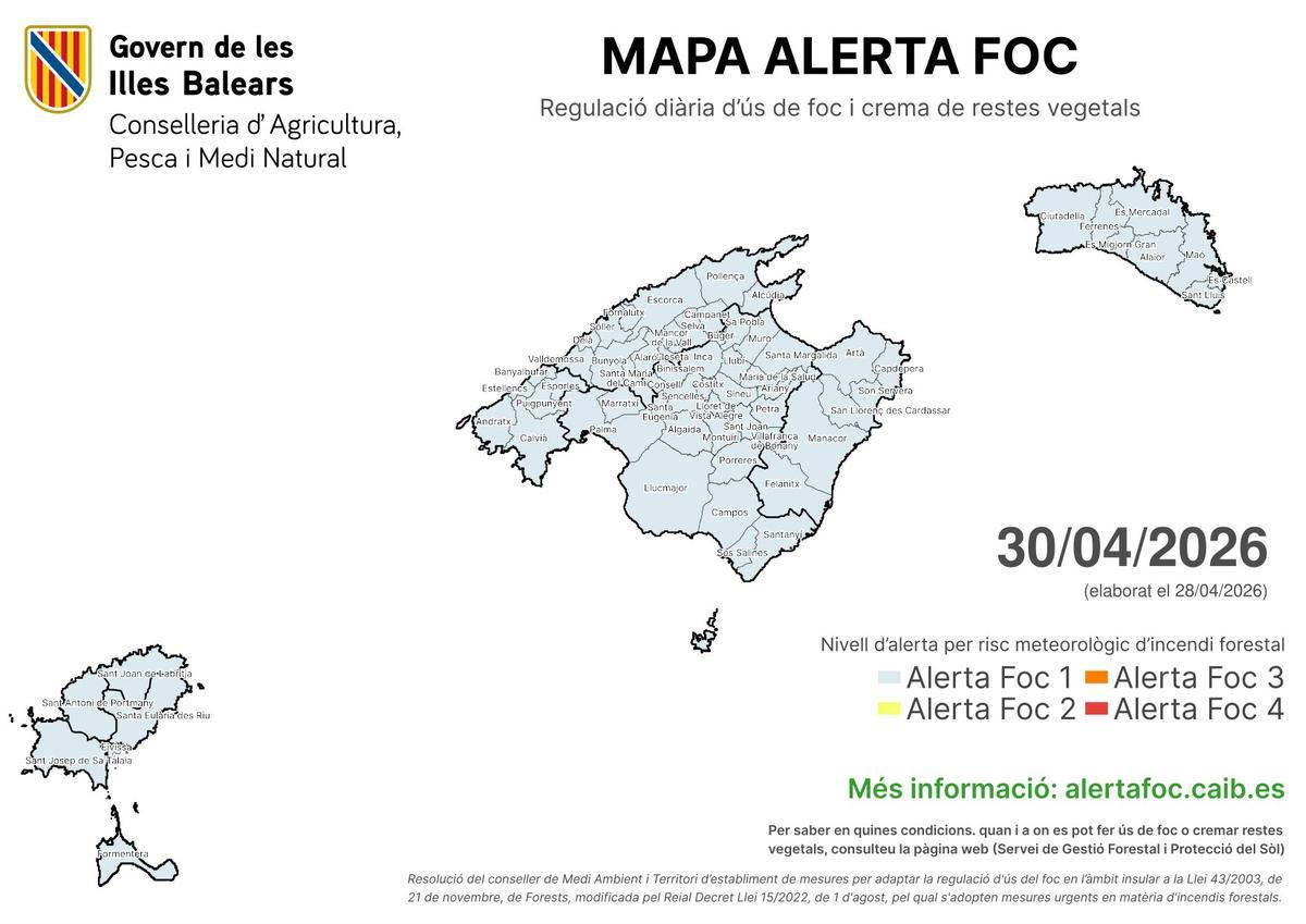 Situación de Baleares en el sistema 'Alerta Foc' para el 30 de abril, un día antes del inicio de la época de peligro de incendio forestal