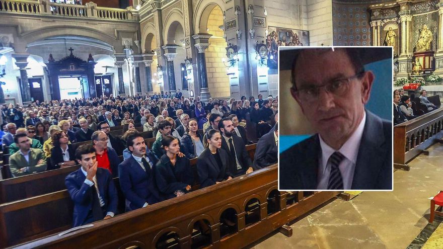 La basílica de San Juan el Real, durante el funeral por Luis Ignacio Fernández Posada. En el recuadro, fallecido notario ovetense Luis Ignacio Fernández Posada.