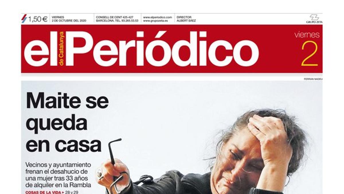 La portada de EL PERIÓDICO del 2 de octubre del 2020.